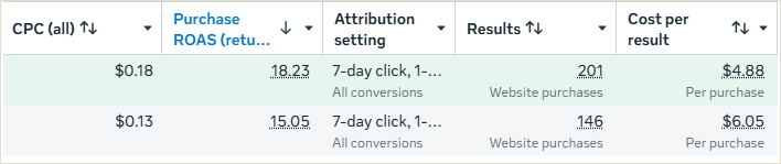 Meta Ads after: 18.23 purchase ROAS, $4.88 cost per purchase